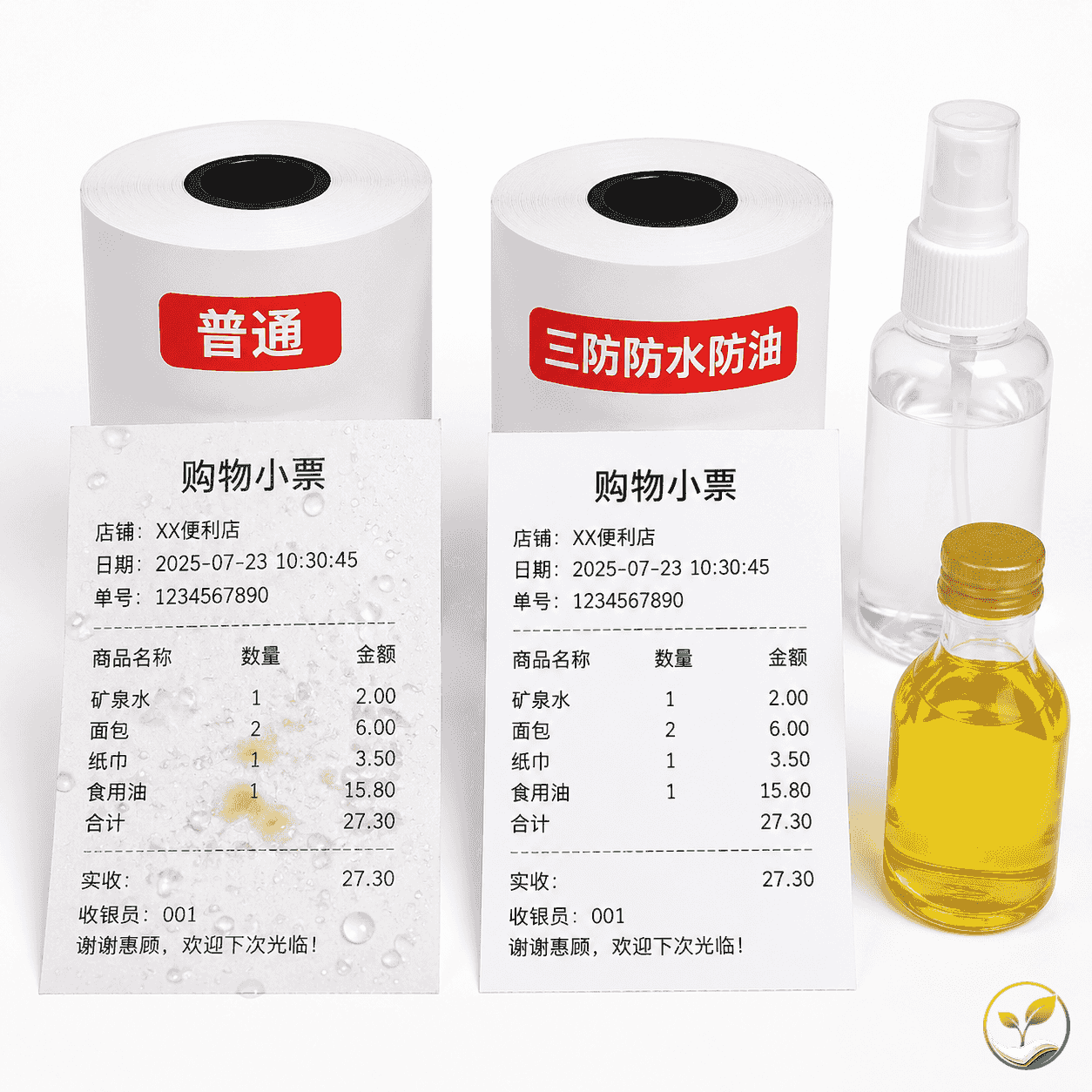 普通热敏纸与三防热敏纸对比展示,旁边有水滴和油污测试效果