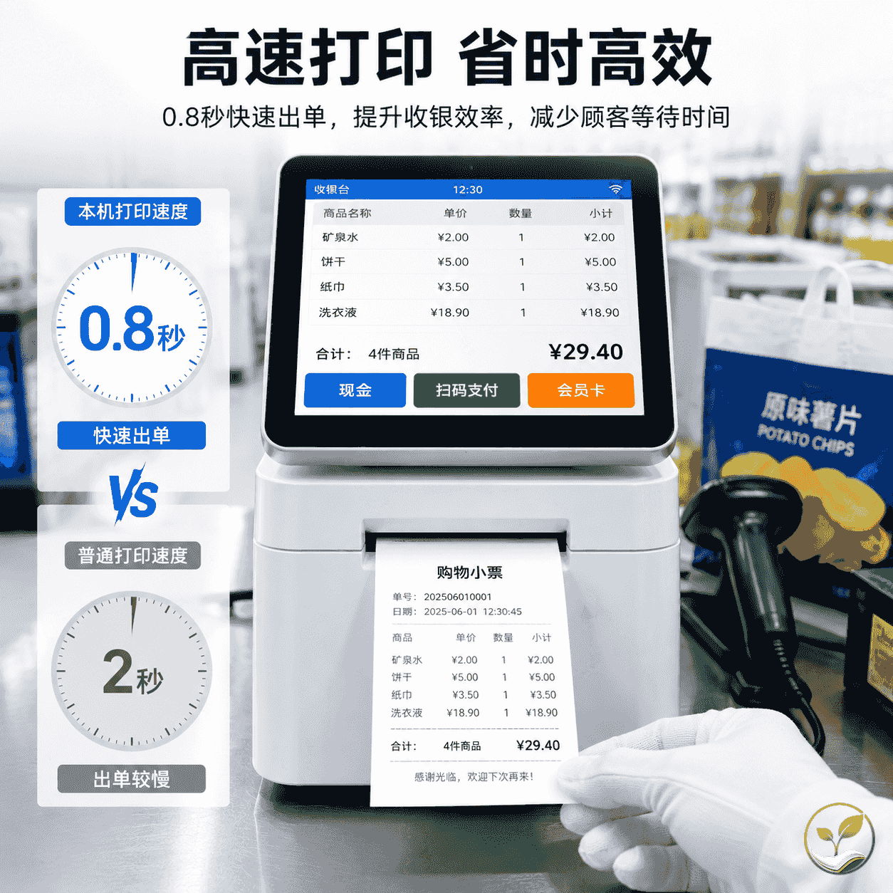 热敏收银机正在快速打印小票，旁边有一只手正在接过小票，背景是超市收银台局部，时钟指针显示时间节省，突出高效结账