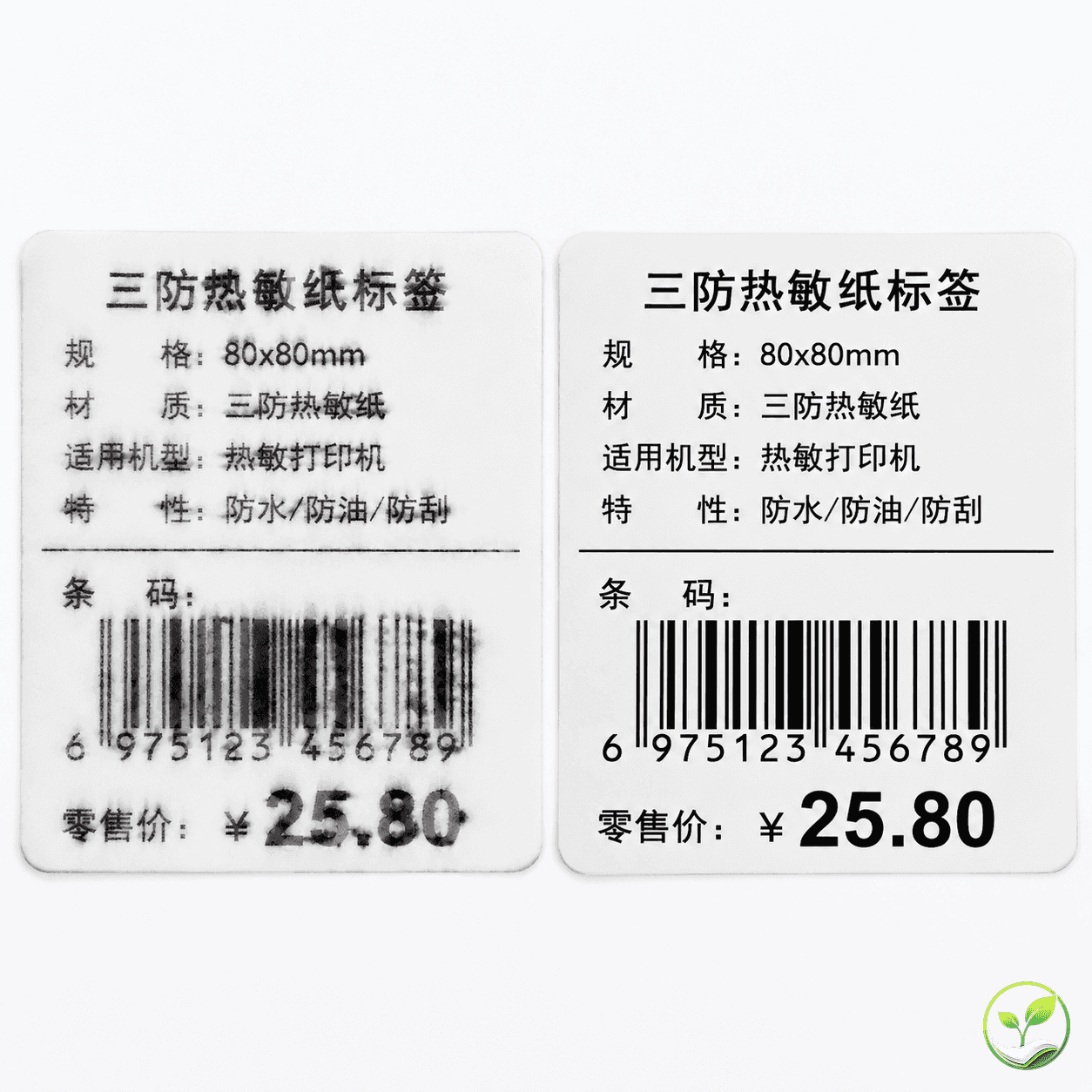 打印清晰的三防热敏纸标签与字迹模糊的普通标签对比