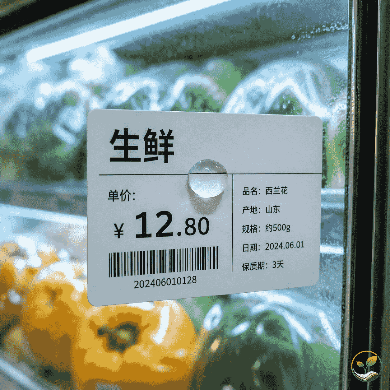 三防热敏纸标签在生鲜冷柜上防水效果，水滴不扩散