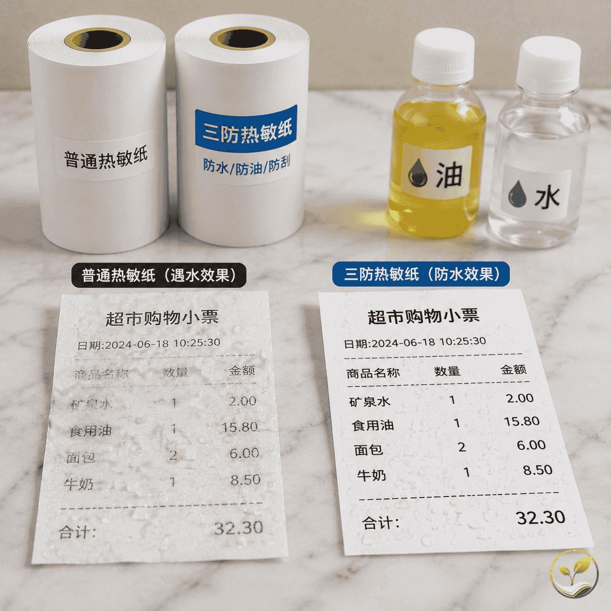 两张热敏纸小票并排对比,一张沾水后字迹模糊,另一张三防纸清晰完整,旁边有水滴和油渍道具