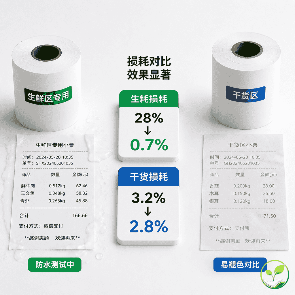 一张超市分区示意图或实物对比图,左边是生鲜区冰柜旁放置三防热敏纸卷和清晰小票,右边是普通货架区放置普通热敏纸卷,中间有箭头和百分比数据(28%→0.7%, 3.2%→2.8%)