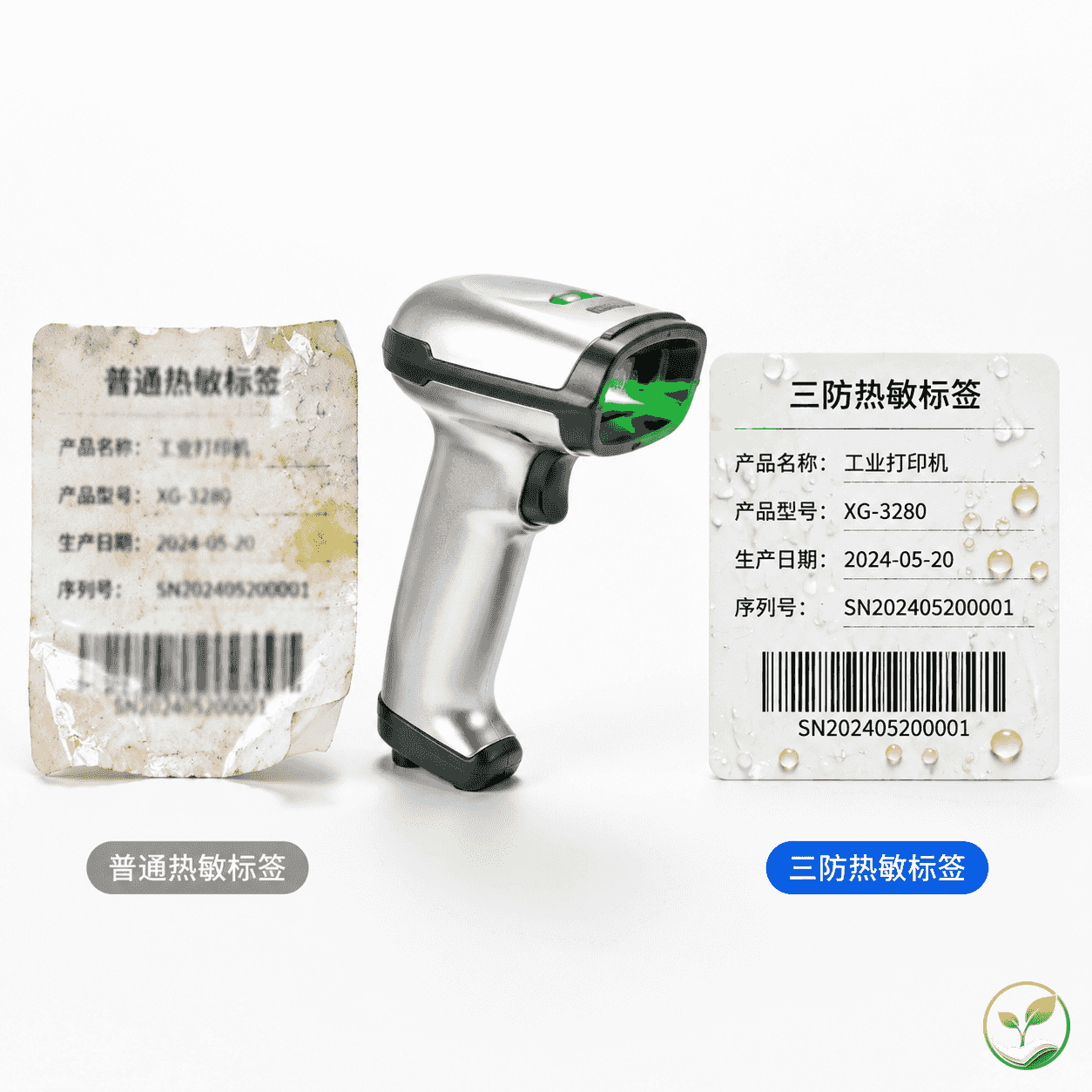 两张标签对比,左边普通标签破损模糊,右边三防标签清晰完好,旁边有扫码枪正在扫描
