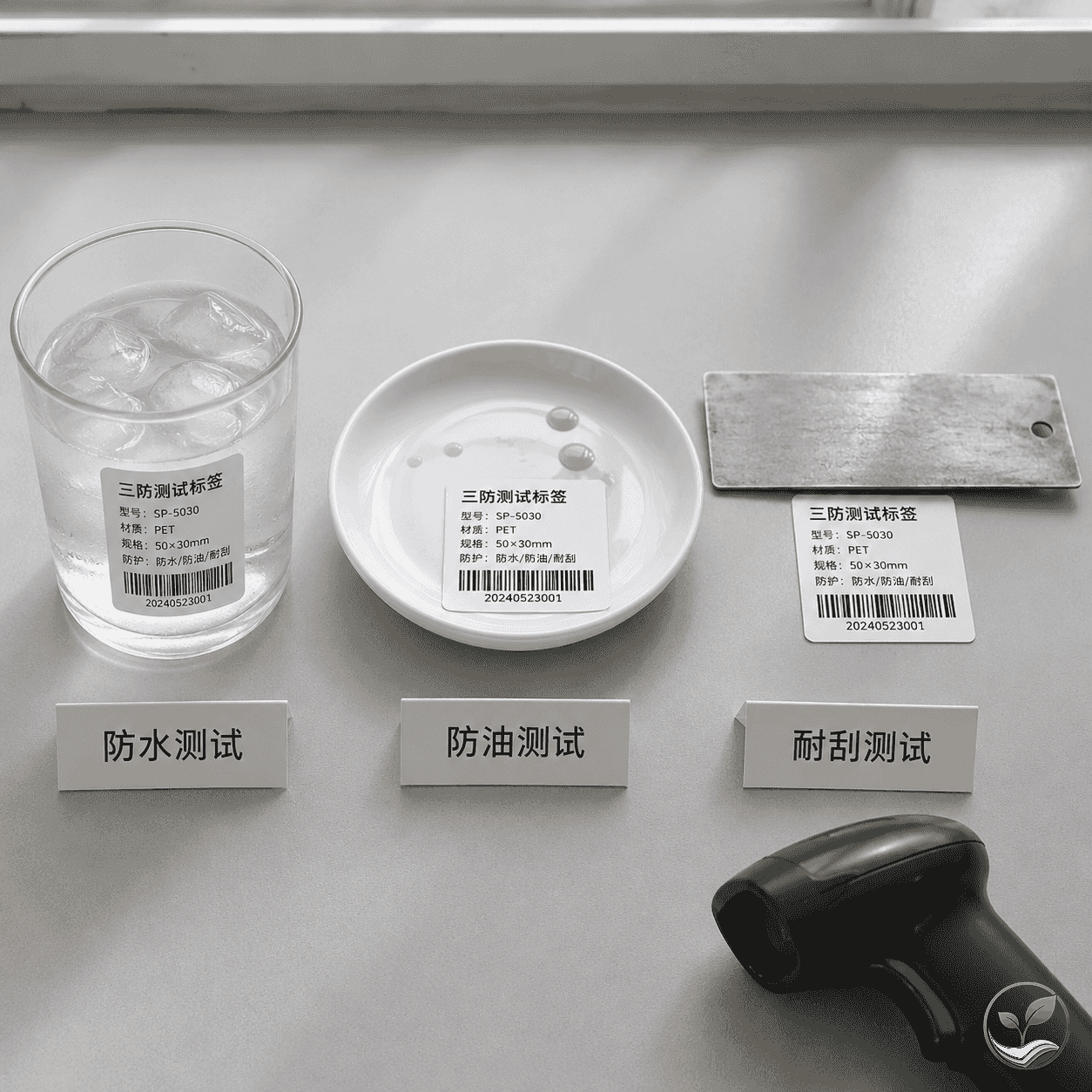 三组测试实拍：标签浸泡在冰水中、标签表面滴食用油后用布擦拭、标签被金属刮板刮擦后仍可读