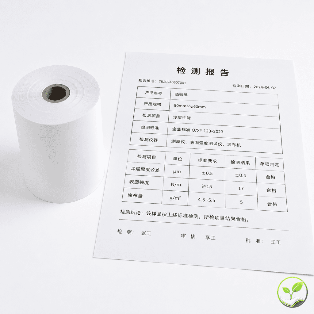 热敏纸涂层厚度检测对比:升级后涂层厚度公差±0.4μm,表面强度17N/m的检测报告与热敏纸卷实物并排展示