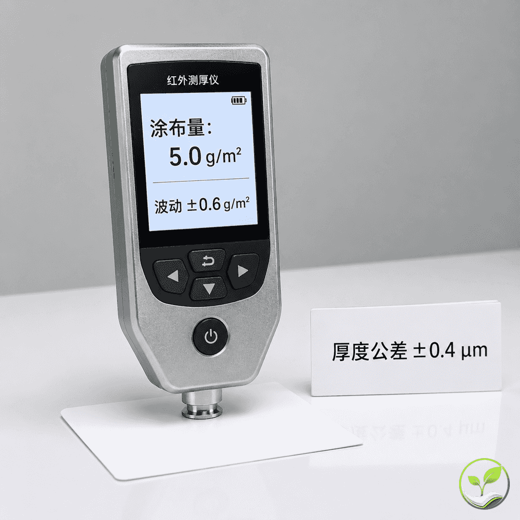 热敏纸涂布质量检测过程：红外测厚仪实时显示涂布量波动±0.6g/m²，旁边放有厚度公差±0.4μm的样品标签