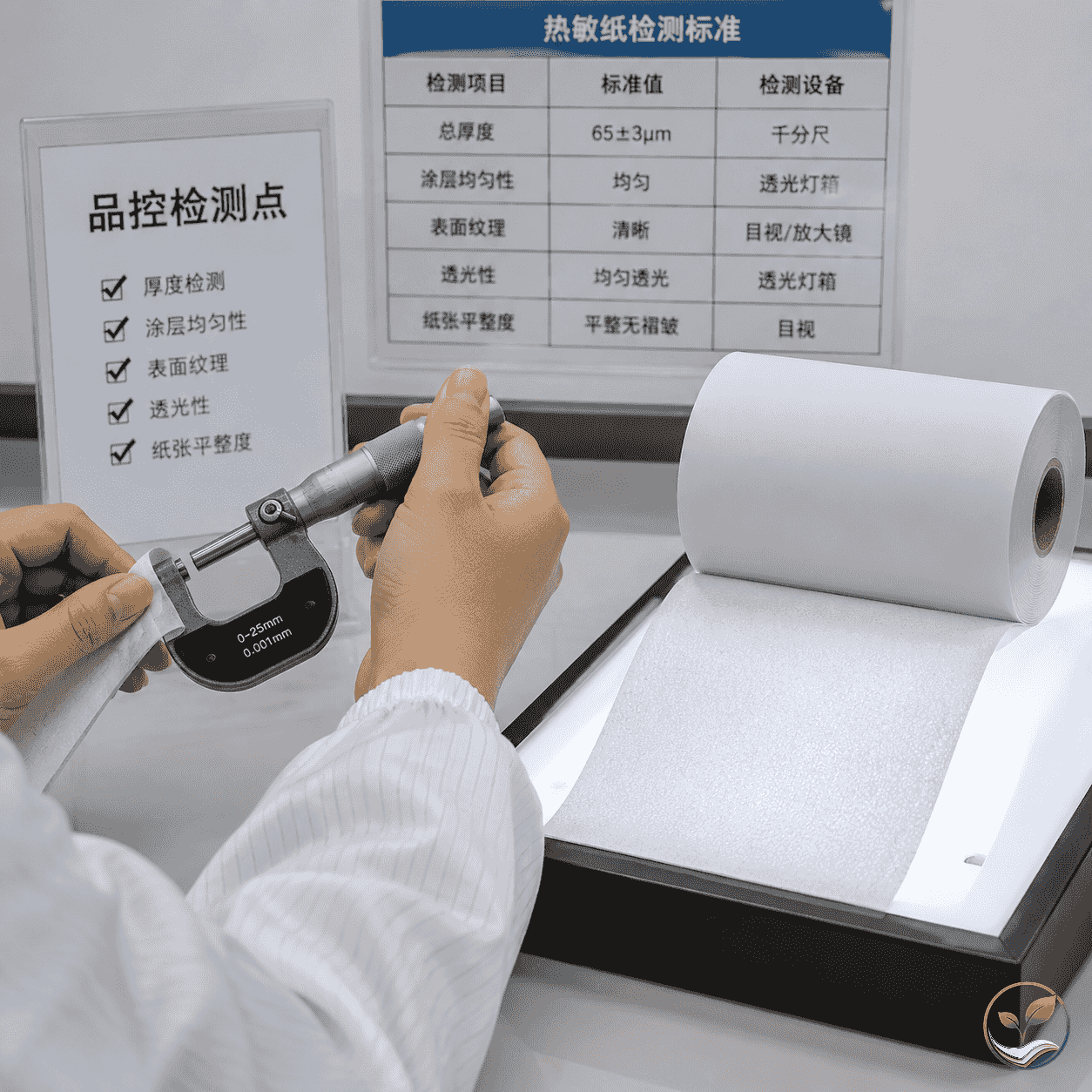 品控人员使用千分尺测量热敏纸涂层厚度，旁边放置透光灯箱检查涂层均匀性