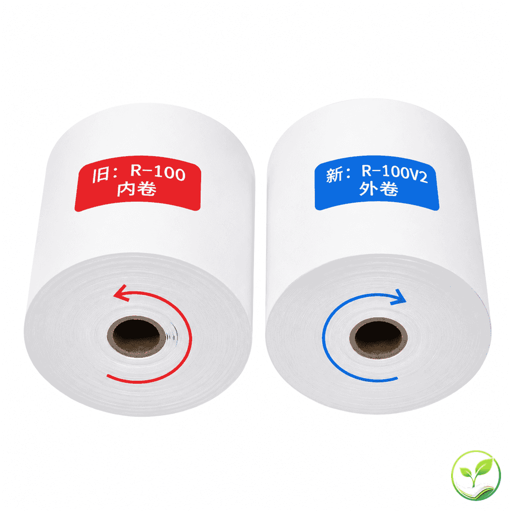 新旧两卷热敏纸并排对比,旧卷标注R-100内卷方向,新卷标注R-100V2外卷方向,白色背景,清晰展示型号标签