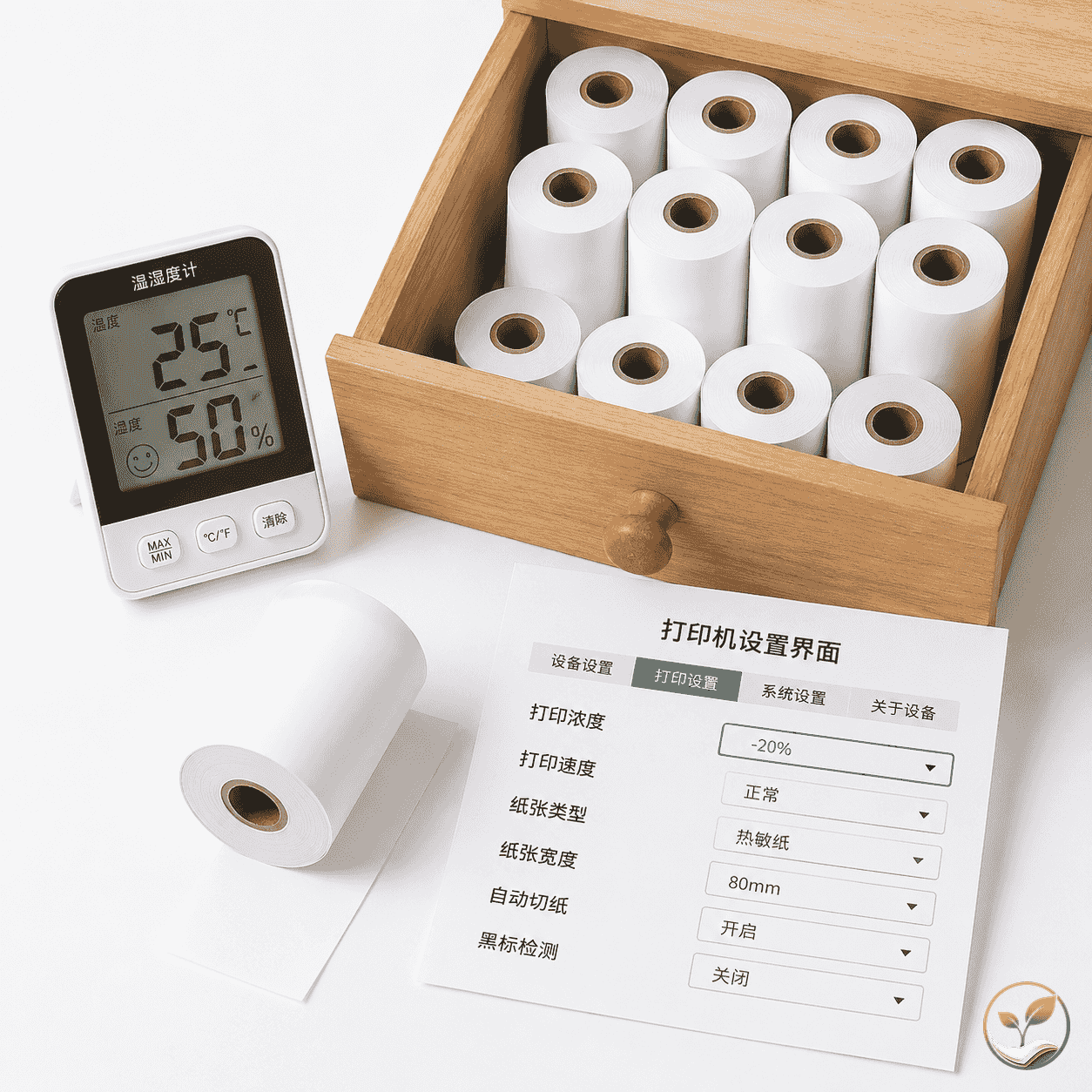 储存方案示意:热敏纸卷放入抽屉或阴凉柜中,旁边有温度湿度计显示25°C、50%湿度,以及打印机浓度设置界面截图