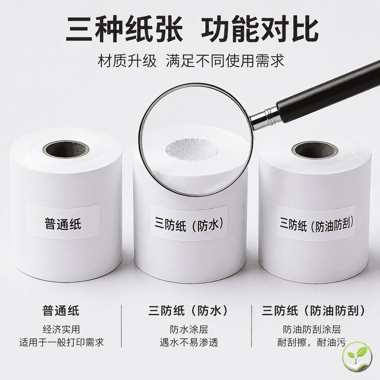 三卷外观相似的热敏纸卷放在一起,其中一卷标签上标注‘普通纸’,另外两卷标注‘三防纸’,旁边有放大镜展示细微涂层差异,体现‘看着差不多’的选购困惑
