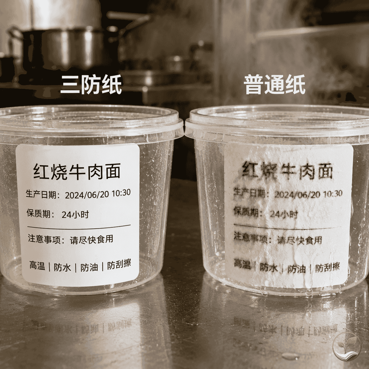 厨房环境中,一张三防热敏纸标签贴在塑料餐盒上,旁边有蒸汽和油雾效果,标签字迹清晰无模糊,另一张普通纸标签字迹已晕开,形成对比