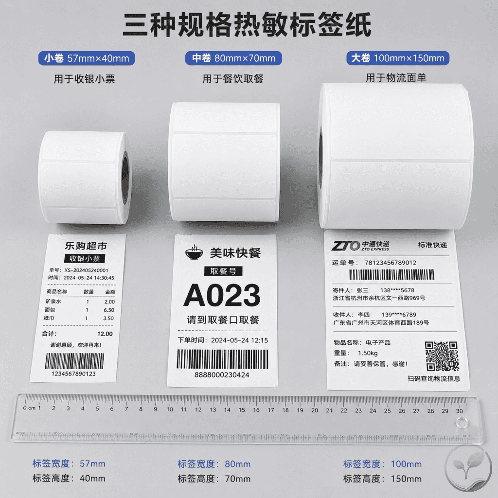 热敏标签纸选购要点对比：不同尺寸、厚度纸张和打印效果展示