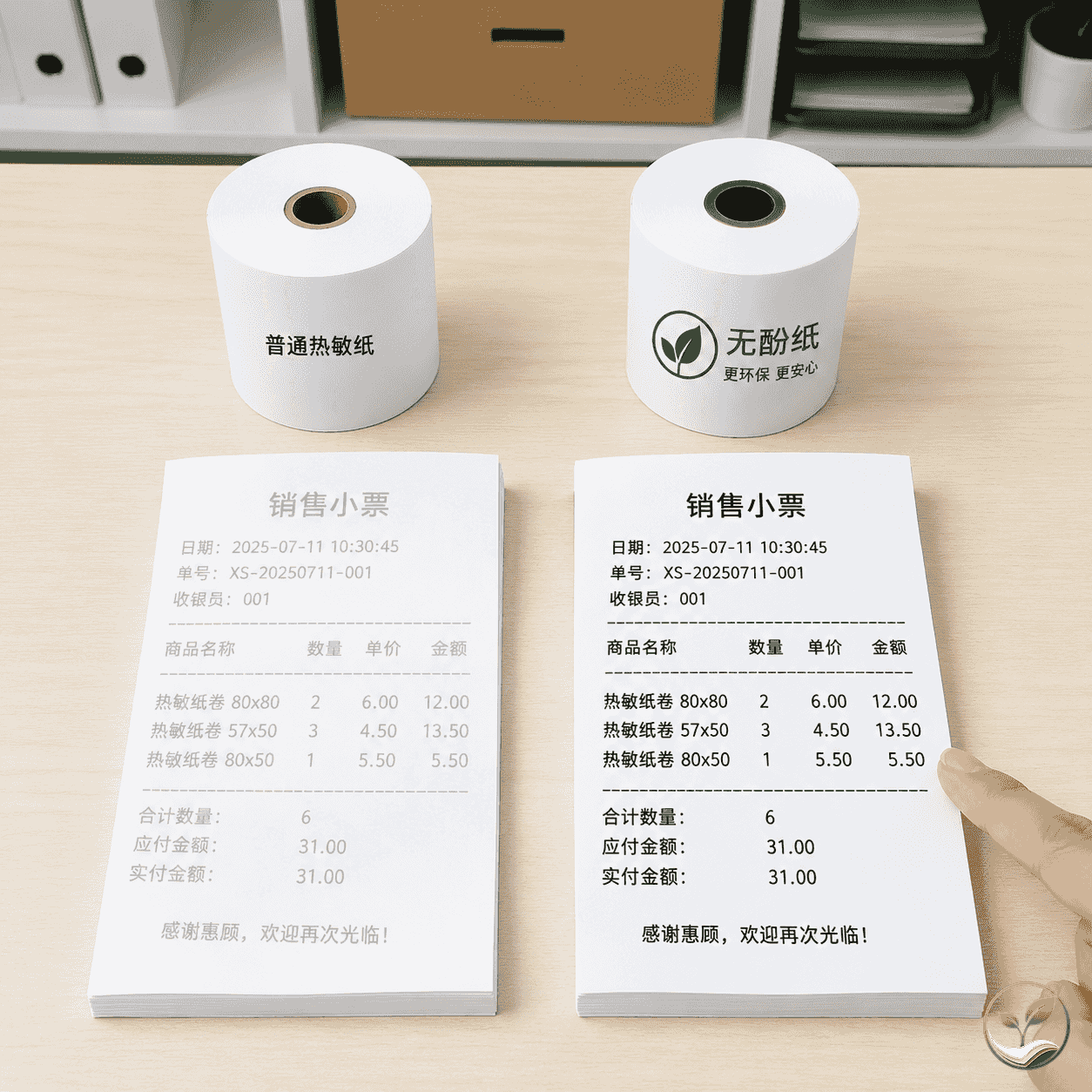 一名采购人员的手正在对比两叠热敏打印小票,左边的打印内容已泛白模糊,右边的打印内容清晰,旁边摆放着两卷不同颜色的热敏纸卷,背景是办公室货架