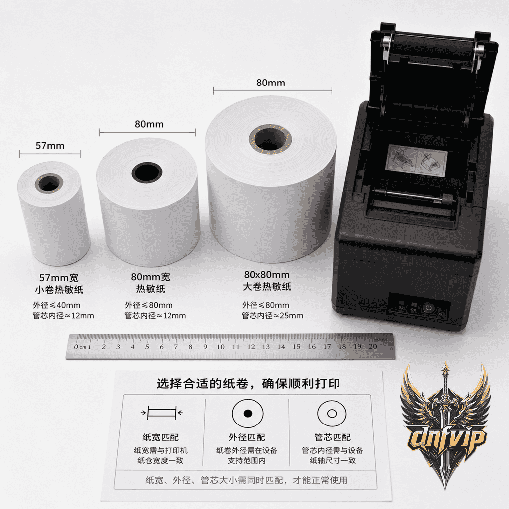多种规格热敏纸卷按宽度和直径对比摆放,旁边有收银打印机纸仓用于说明规格匹配