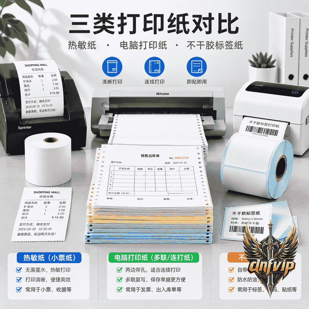 热敏小票纸、两边带孔的电脑打印纸和不干胶标签纸分类摆放,展示三类打印耗材的外观区别