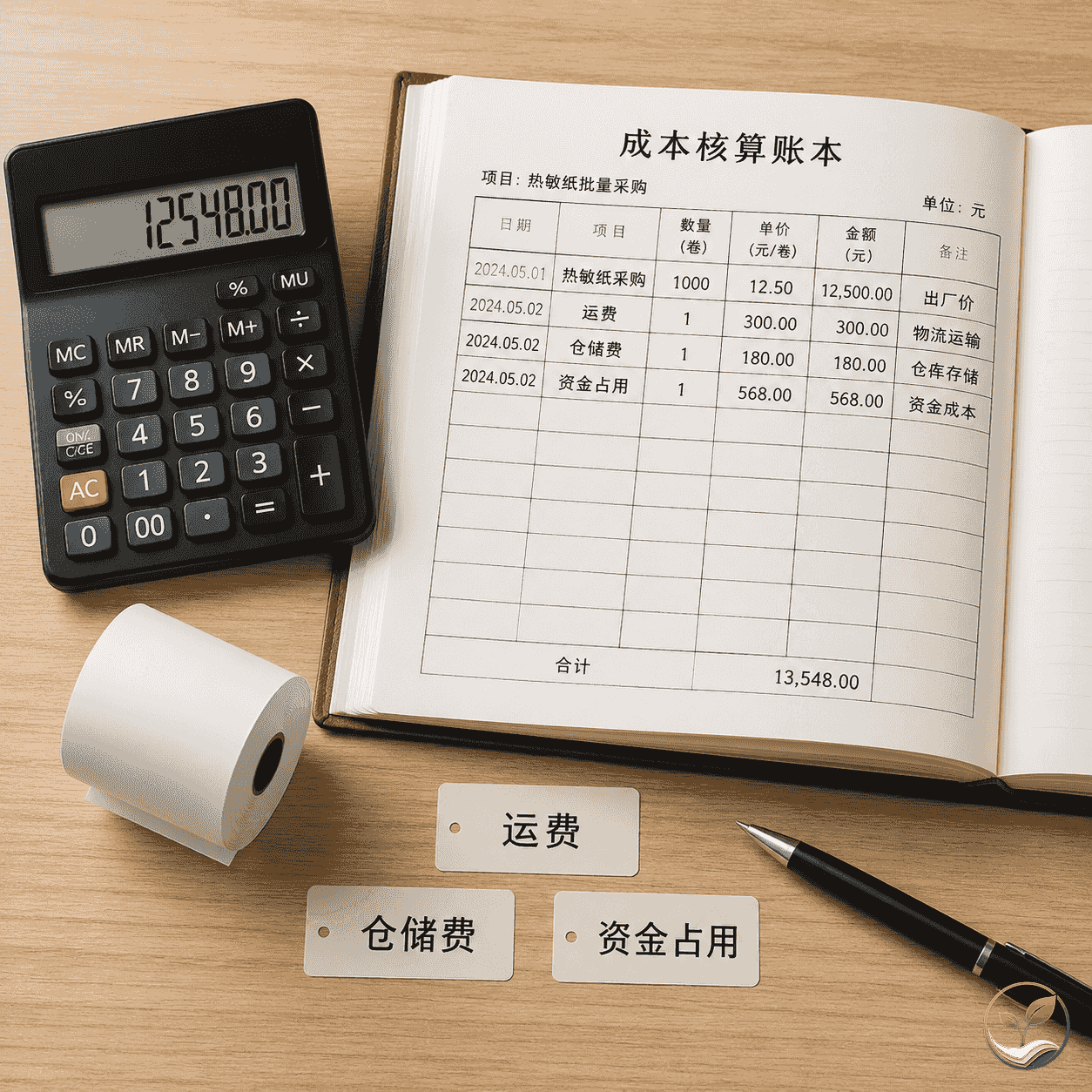 办公桌上摆放计算器、账本、热敏纸卷和成本构成元素标签