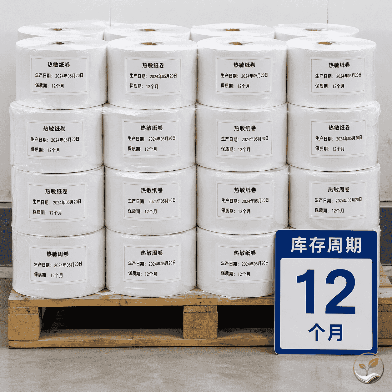 仓库中不同批次的热敏纸卷陈列，纸卷外标签标注生产日期和保质期