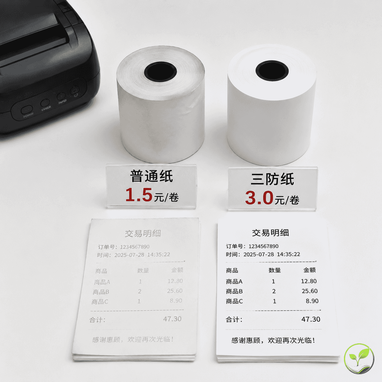 两卷热敏纸对比,左侧普通纸卷边缘有卷曲变形,右侧三防纸完好,旁边放着一叠打印后字迹模糊的小票和一台打印机,桌面上有标价签显示单价
