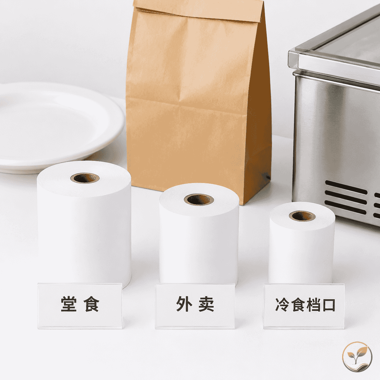 三卷不同规格的热敏纸并排展示，分别标注堂食、外卖、冷食档口，旁边有对应场景小道具如餐盘、外卖袋、冰柜