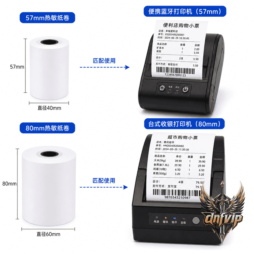 一组57mm和80mm热敏纸卷与对应的POS小票机并排展示，旁边有打印出的样张对比