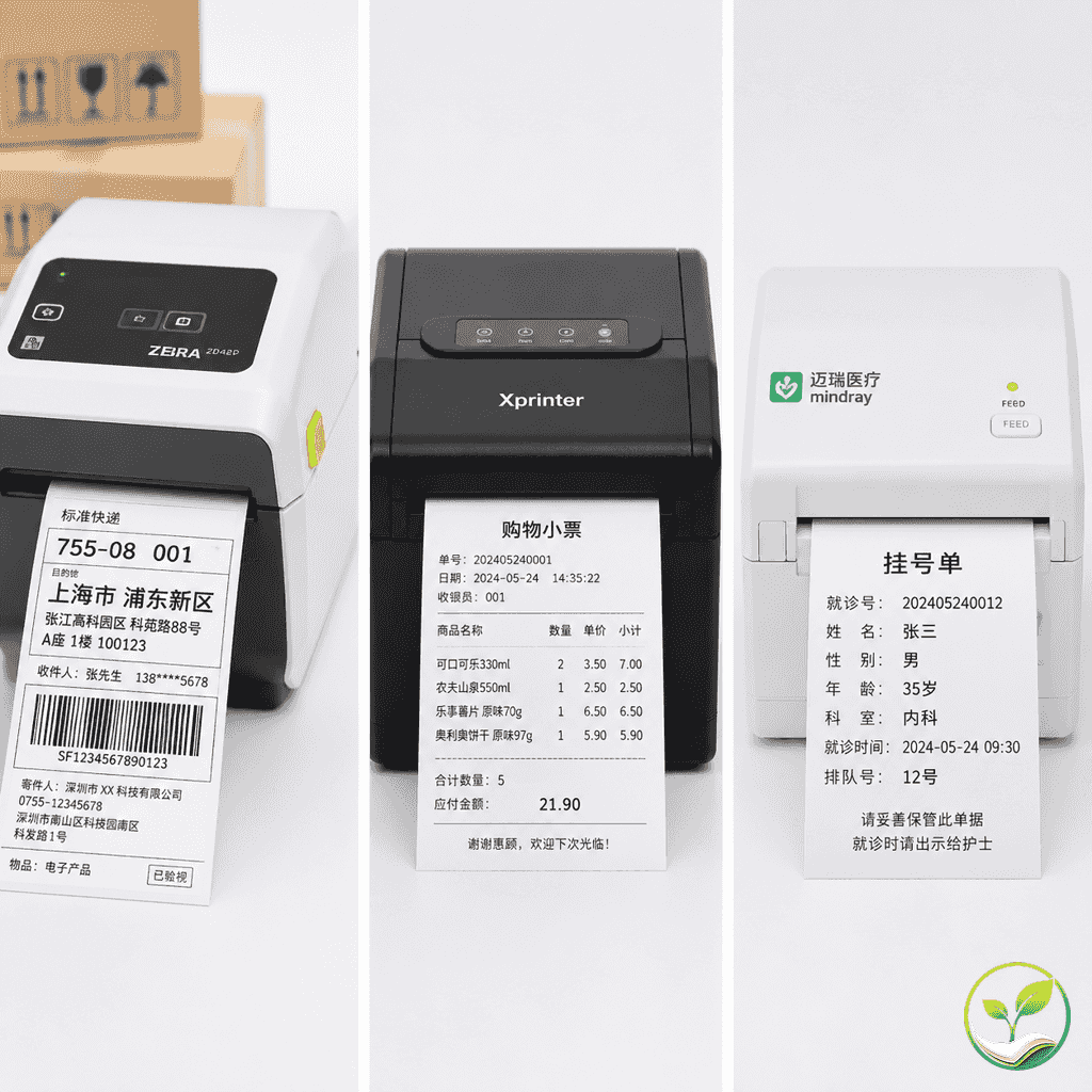 三个应用场景从左到右并排展示:物流标签打印机正在打印快递面单,POS机吐出零售小票,医疗打印机打印挂号单