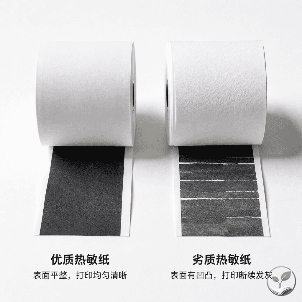 两卷热敏纸并排对比，左边一卷打印效果均匀黑亮，右边一卷出现白线和颜色不均，体现底涂不足的缺陷