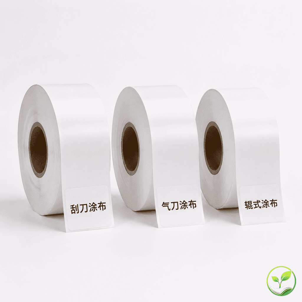 三个热敏纸卷标签分别标注刮刀涂布、气刀涂布、辊式涂布,代表不同工艺的成品