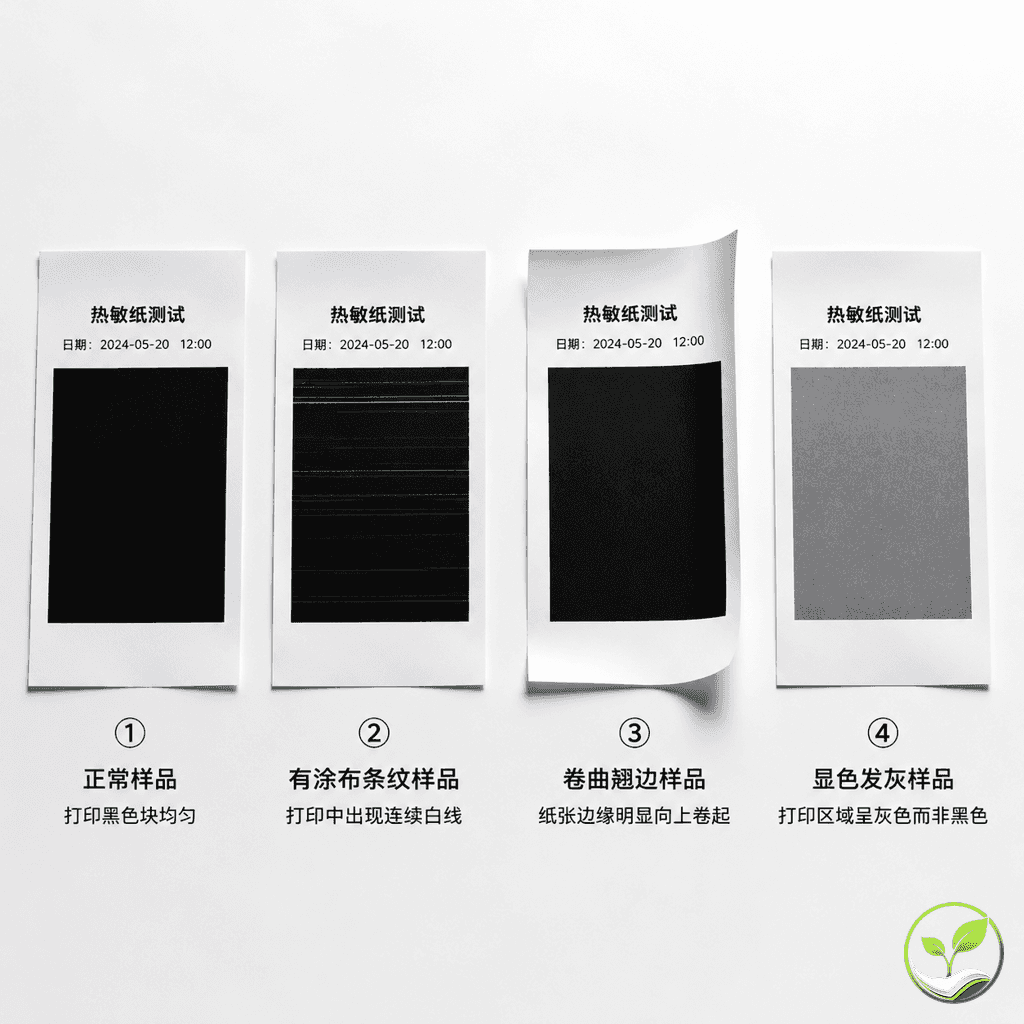 四段热敏纸样品并排：正常样品、有涂布条纹的纸（白线）、卷曲翘边的纸、显色发灰的打印样品，形成缺陷对比