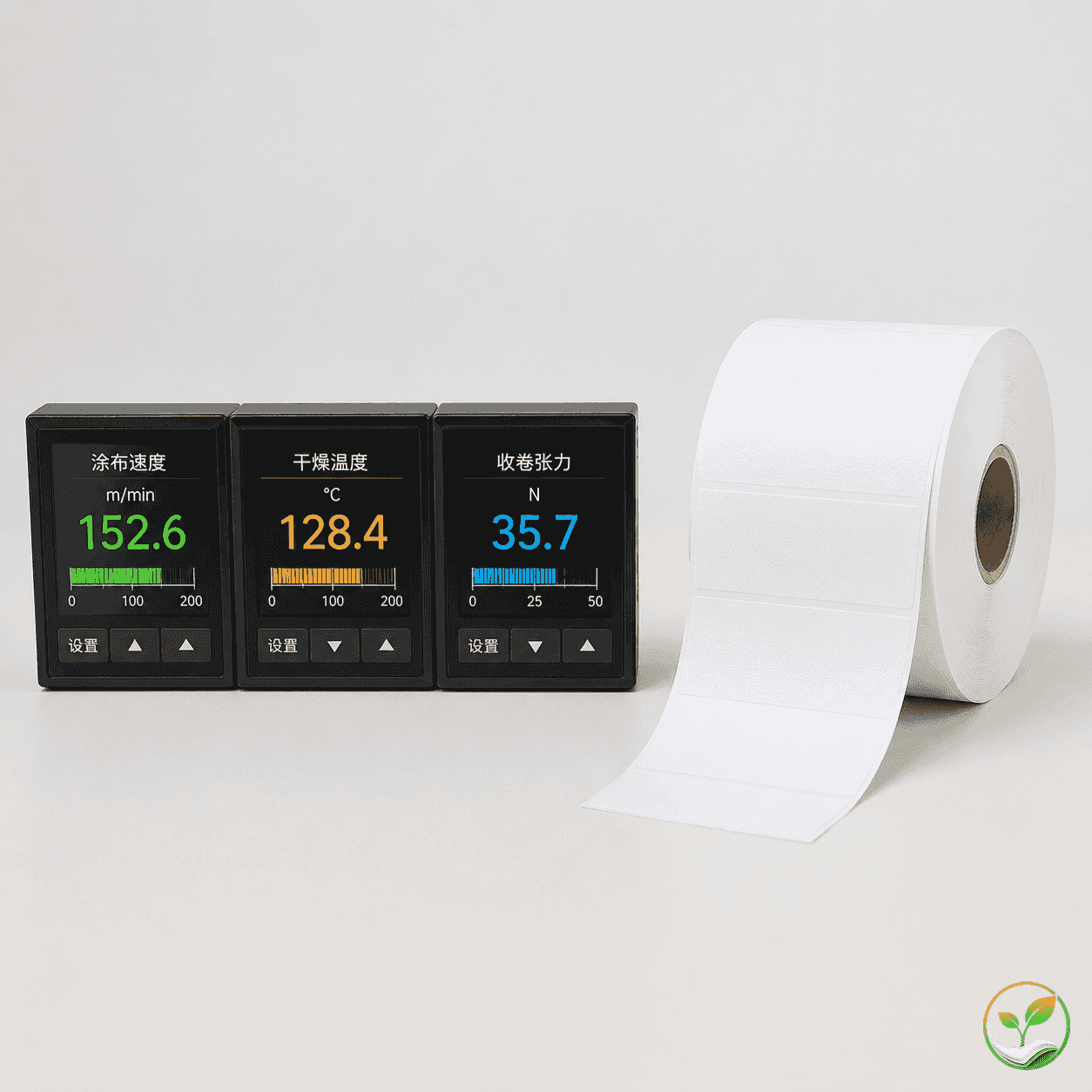 操作台上的三个关键参数显示屏,分别显示涂布速度50米/分钟、干燥温度110°C、收卷张力18N,旁边放有热敏纸小样
