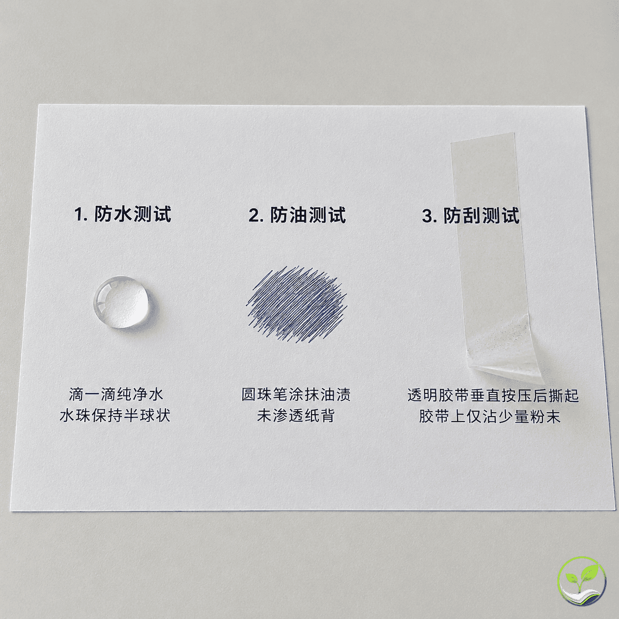 三防热敏纸的防水、防油、防刮测试步骤：滴管滴水、圆珠笔涂油渍、透明胶带撕拉
