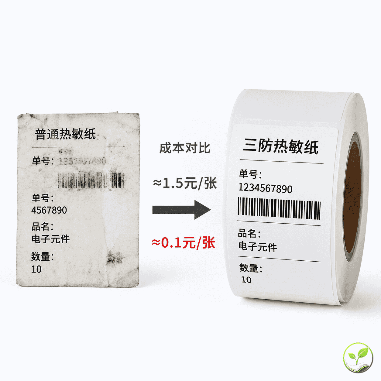 一张热敏纸标签在使用中出现字迹模糊、边缘卷曲,旁边放一卷未开封的三防热敏纸,白色背景,展示隐性损失对比