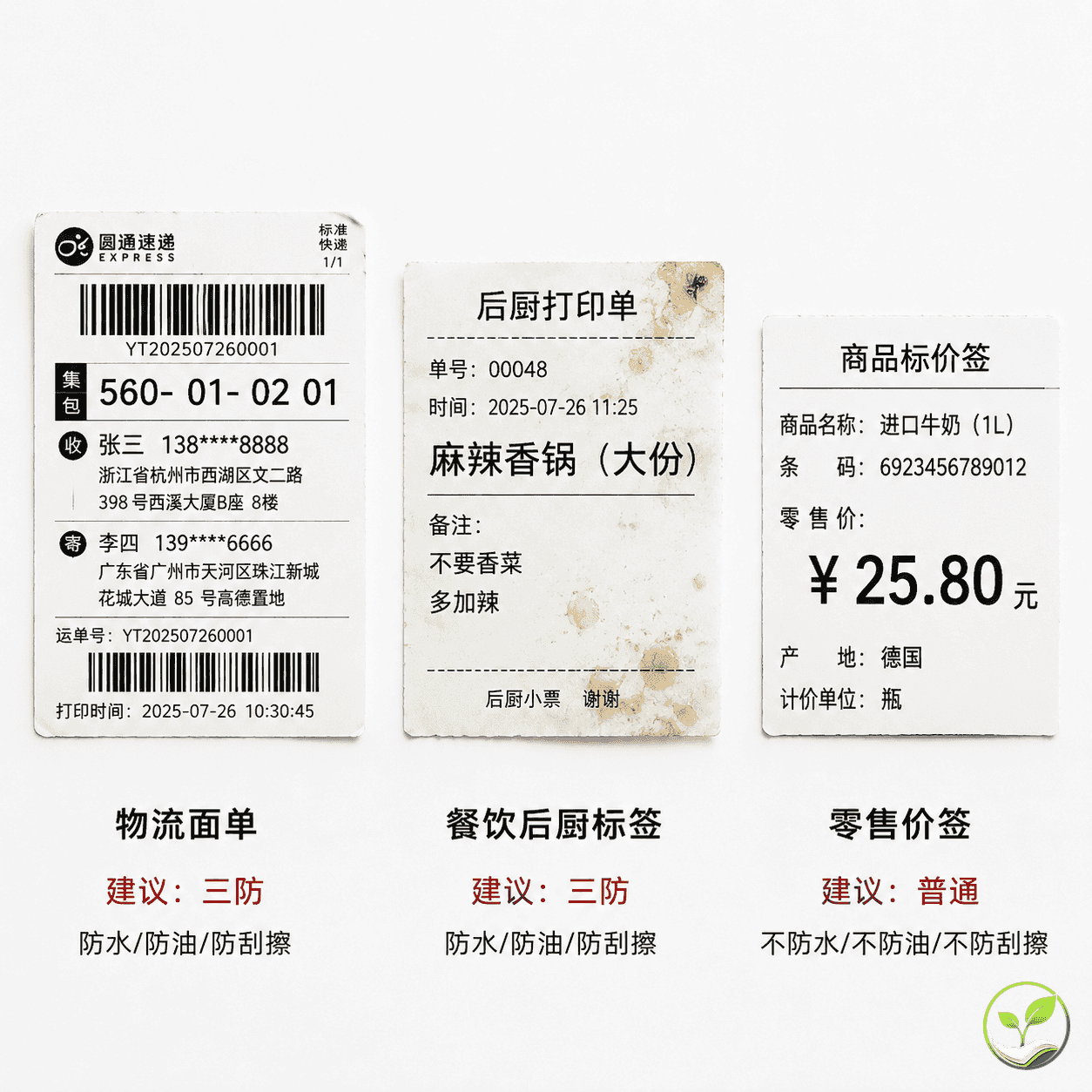 三张热敏纸标签并排展示，分别是物流面单（带快递单号）、餐饮后厨标签（带菜品名称）、零售价签（带价格），白色背景，对应三类使用场景