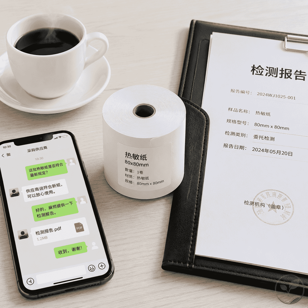 采购员办公桌上有一卷热敏纸、一份检测报告文件夹和一杯咖啡,手机屏幕显示供应商聊天记录