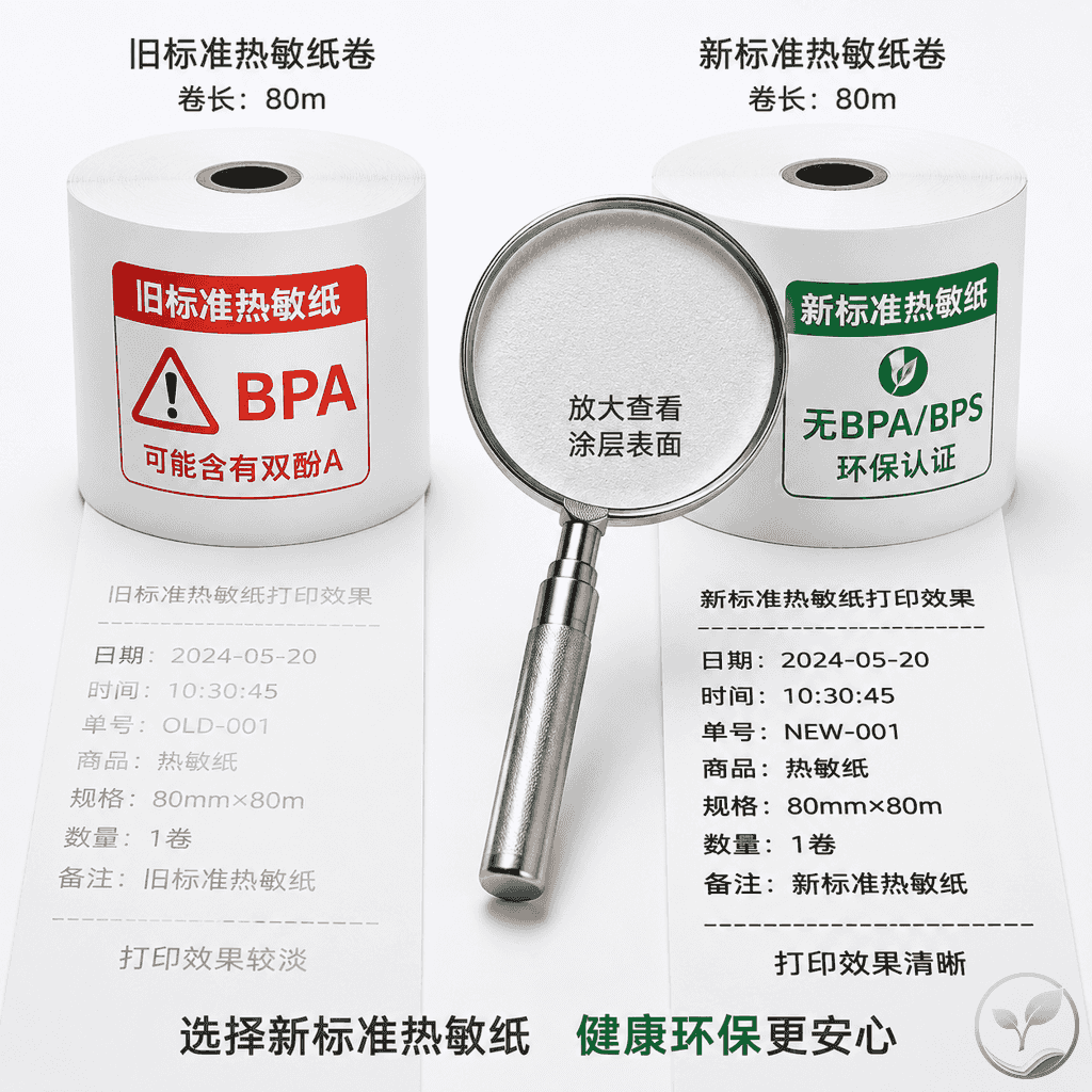 新旧两卷热敏纸并排对比,旧纸旁有BPA警示标志,新纸旁有环保认证标志和放大镜