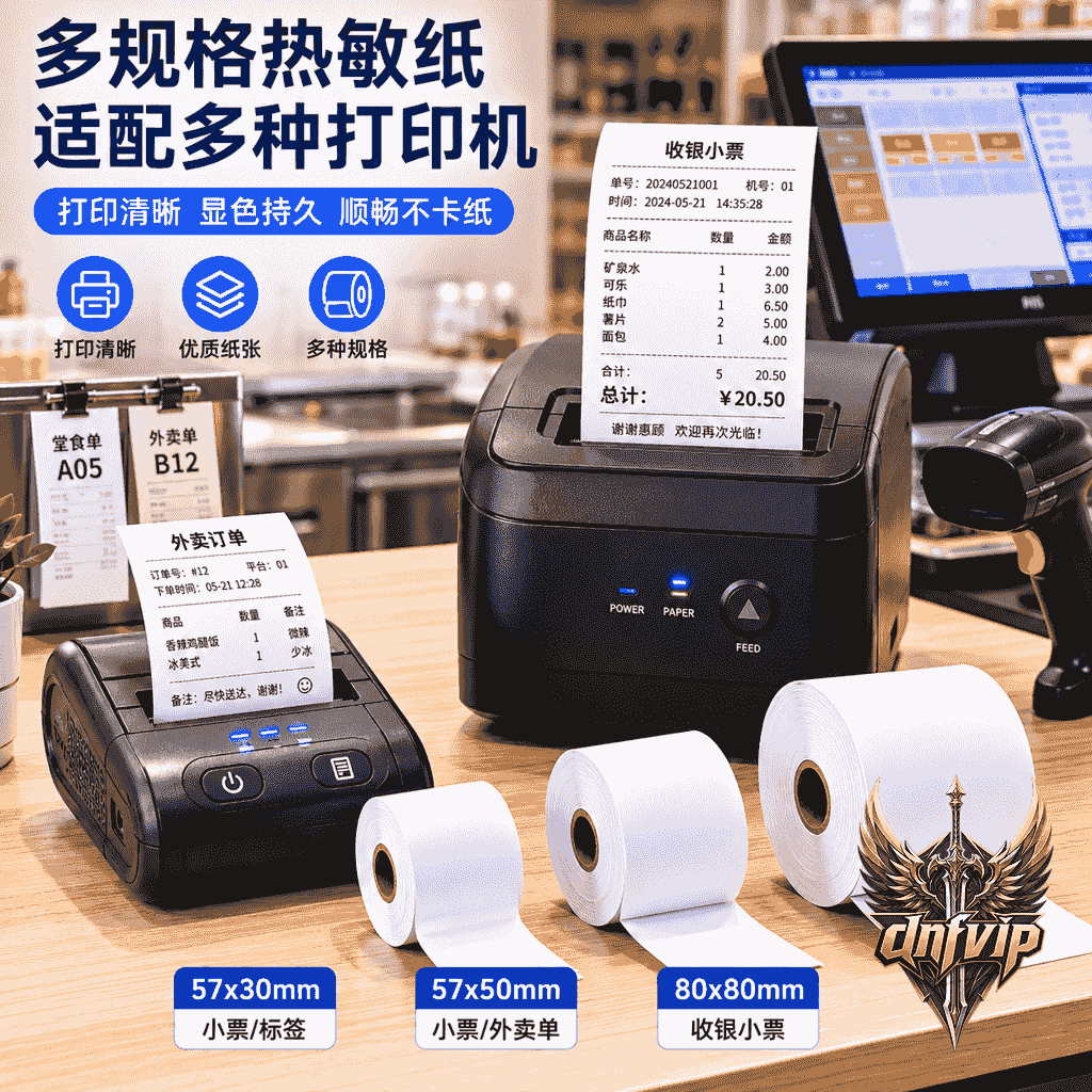便利店收银台上不同规格热敏纸与热敏打印机的适配展示