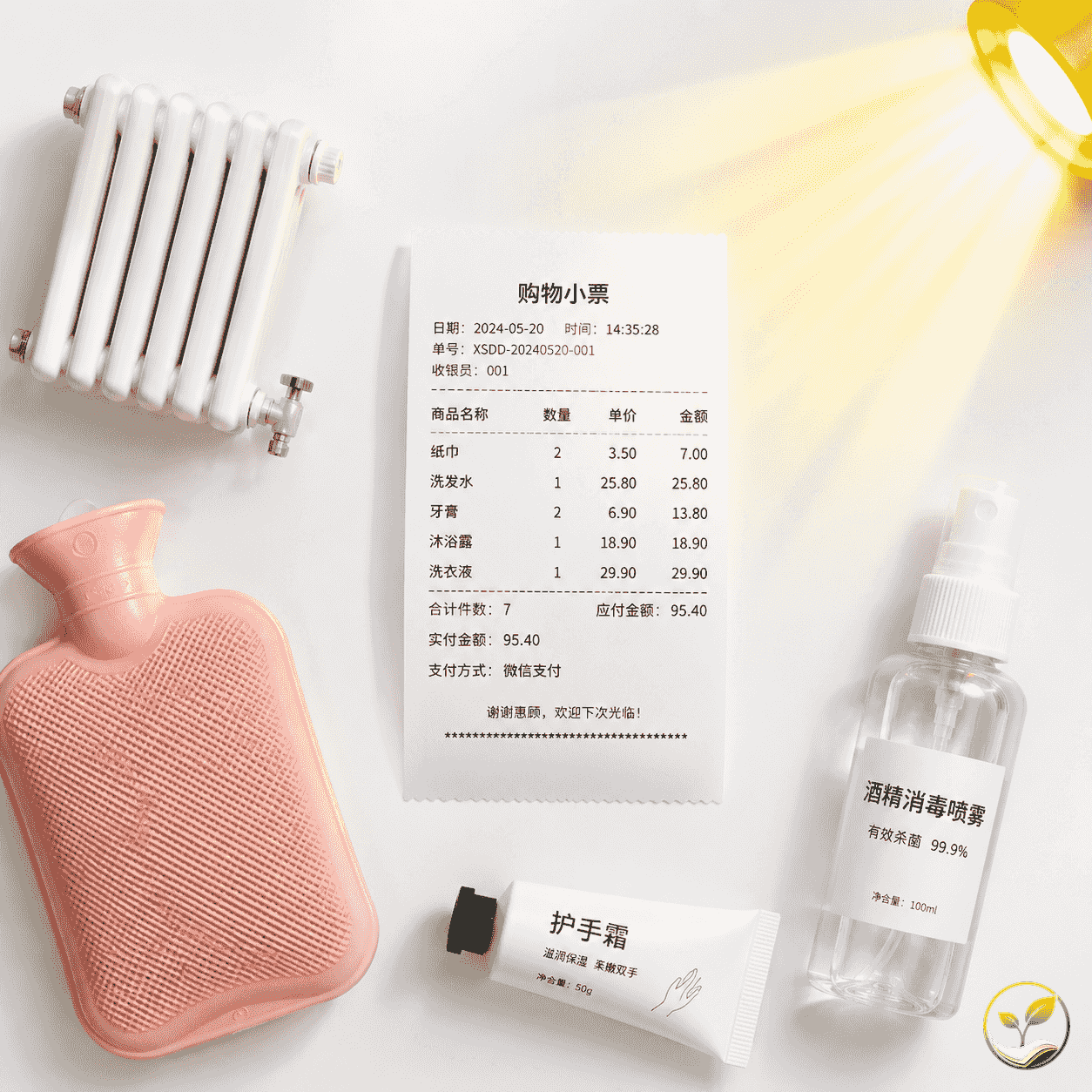 热敏纸小票旁边放置着暖气管(热)、阳光透过窗户照射(光)、护手霜和酒精喷雾(化学品),直观展示导致褪色的三个主要因素