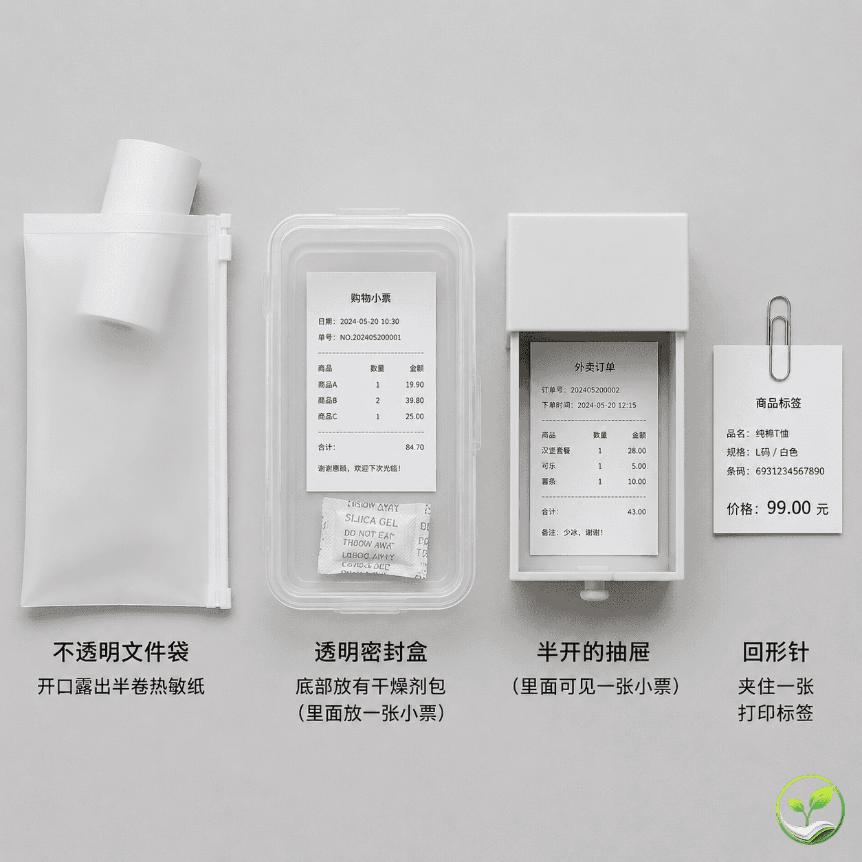 一套保存热敏纸的完整方案展示：不透明文件袋、密封盒带干燥剂、抽屉、回形针，旁边放一卷热敏纸，示意避光避热防潮隔离化学品