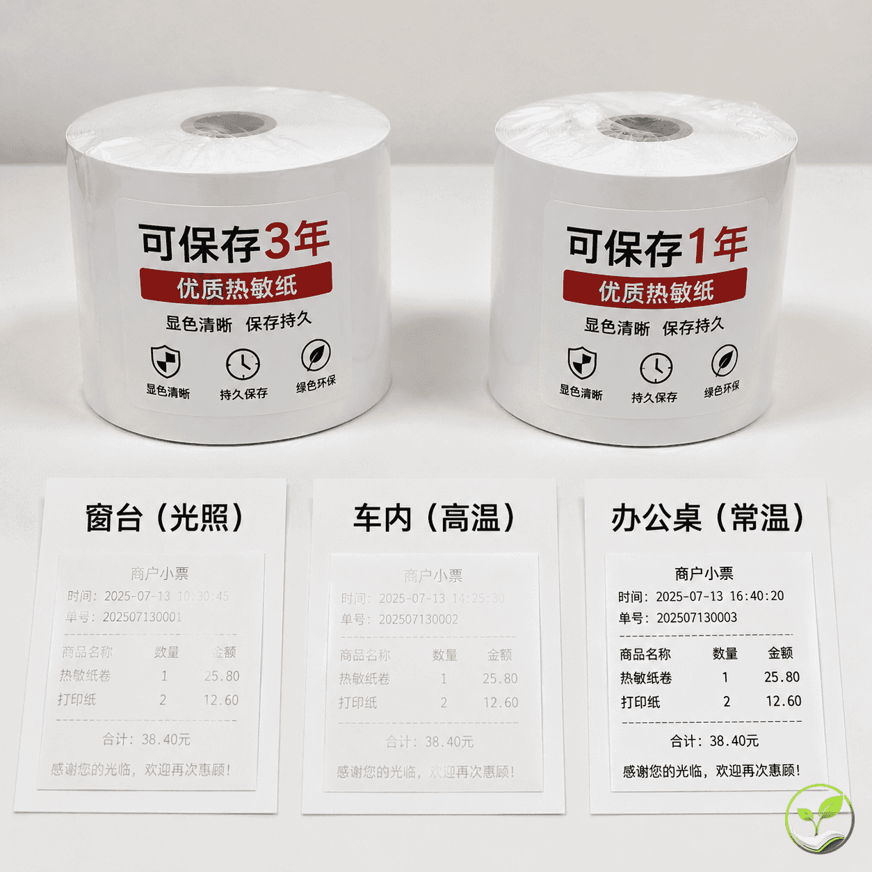 两卷不同的热敏纸并排放在白色台面上,一卷包装标注‘可保存3年’,另一卷标注‘可保存1年’,旁边还有三张打印小票分别放在窗台、车内、办公桌三个场景的示意标签卡