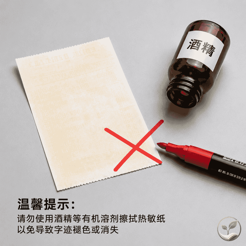 一张严重褪色的热敏纸收据,旁边放着一瓶酒精和一支打叉的记号笔,表示错误补救方法