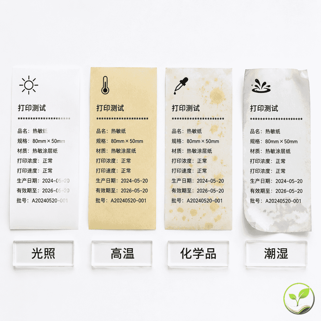 四组热敏纸样本分别展示光照、高温、化学品、潮湿导致的褪色现象,每种旁边有标识图标