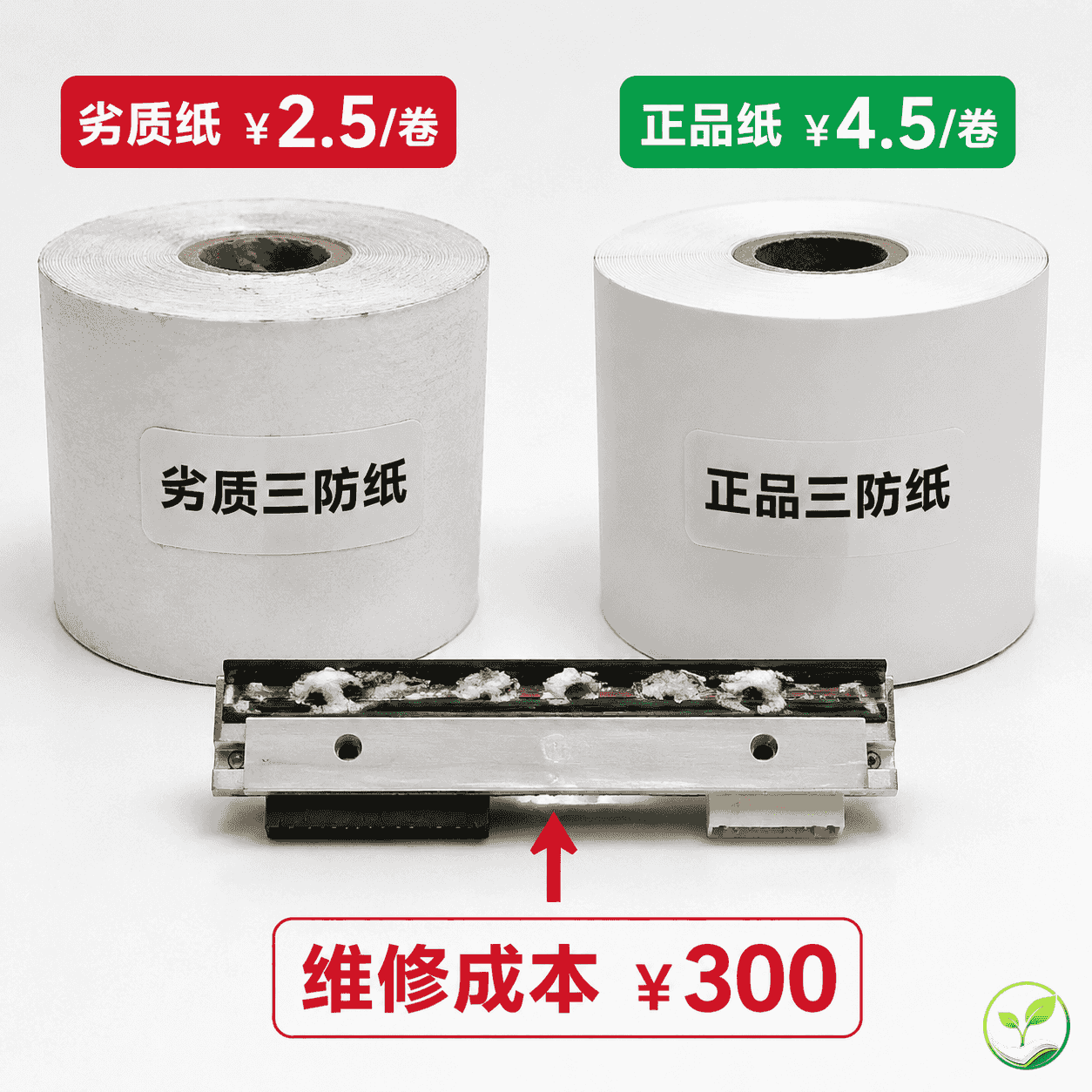劣质三防热敏纸与正品三防热敏纸对比，旁边展示热敏打印头特写，标注成本数字