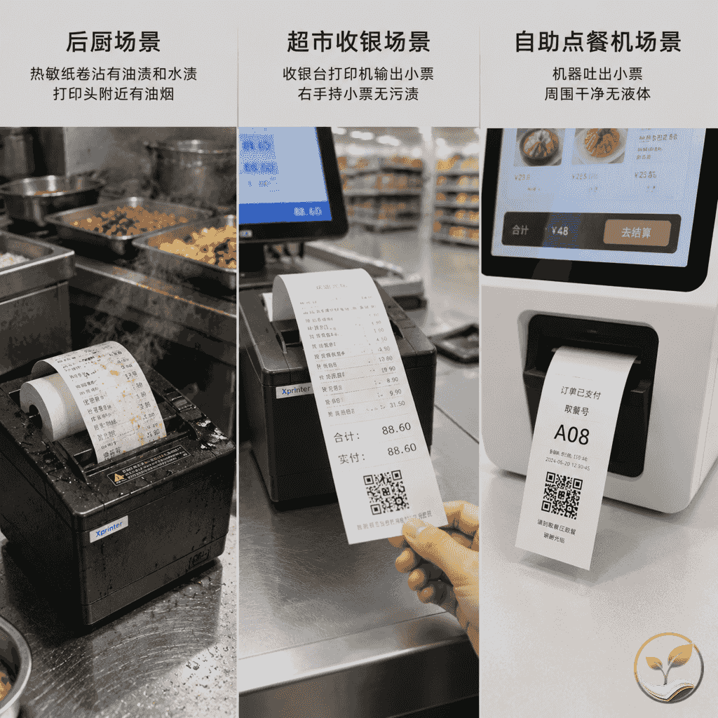 三种使用场景对比图:后厨油污环境用三防纸,超市收银台用普通纸,自助点餐机用普通纸