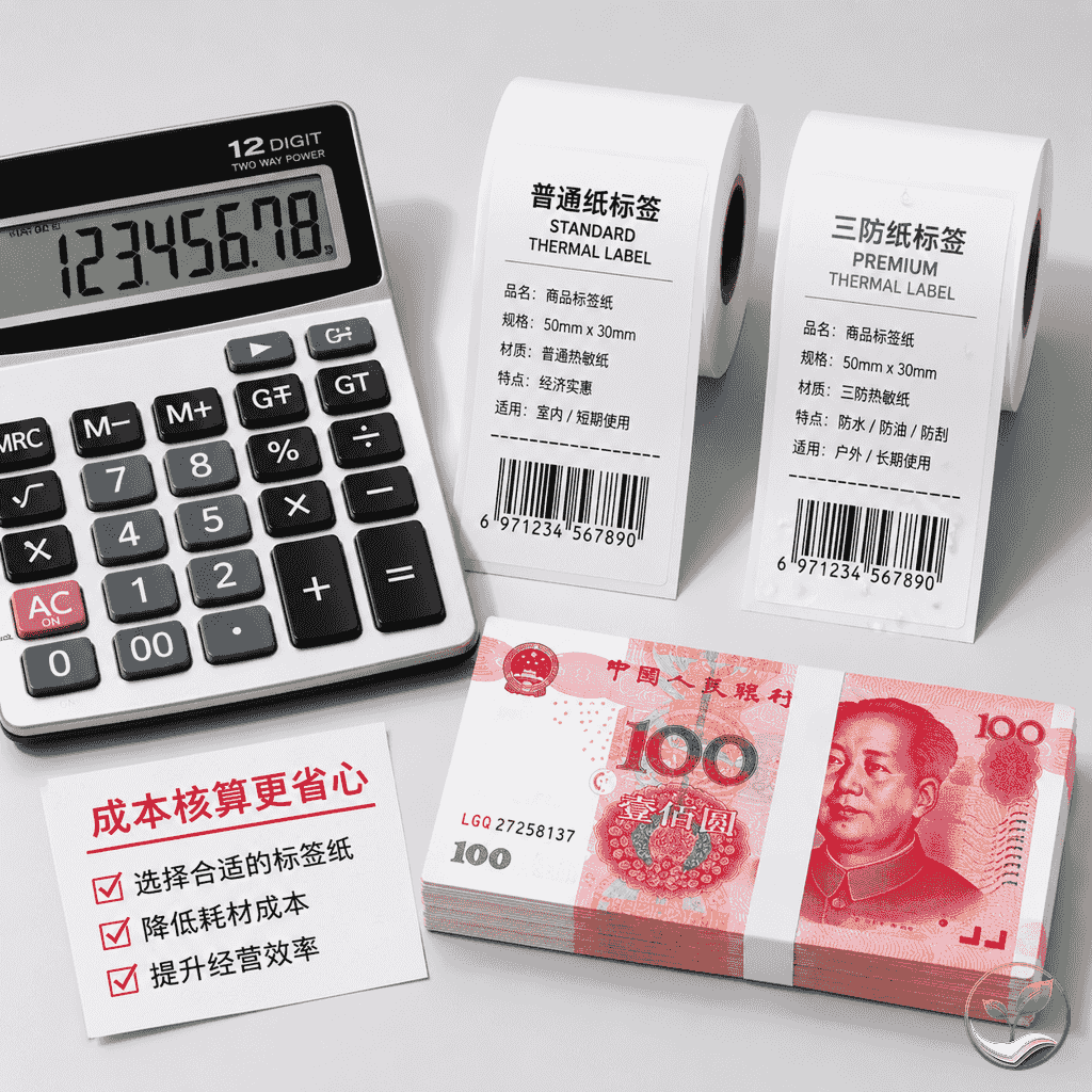 计算器旁放置两卷热敏纸和一叠钞票，显示成本对比概念