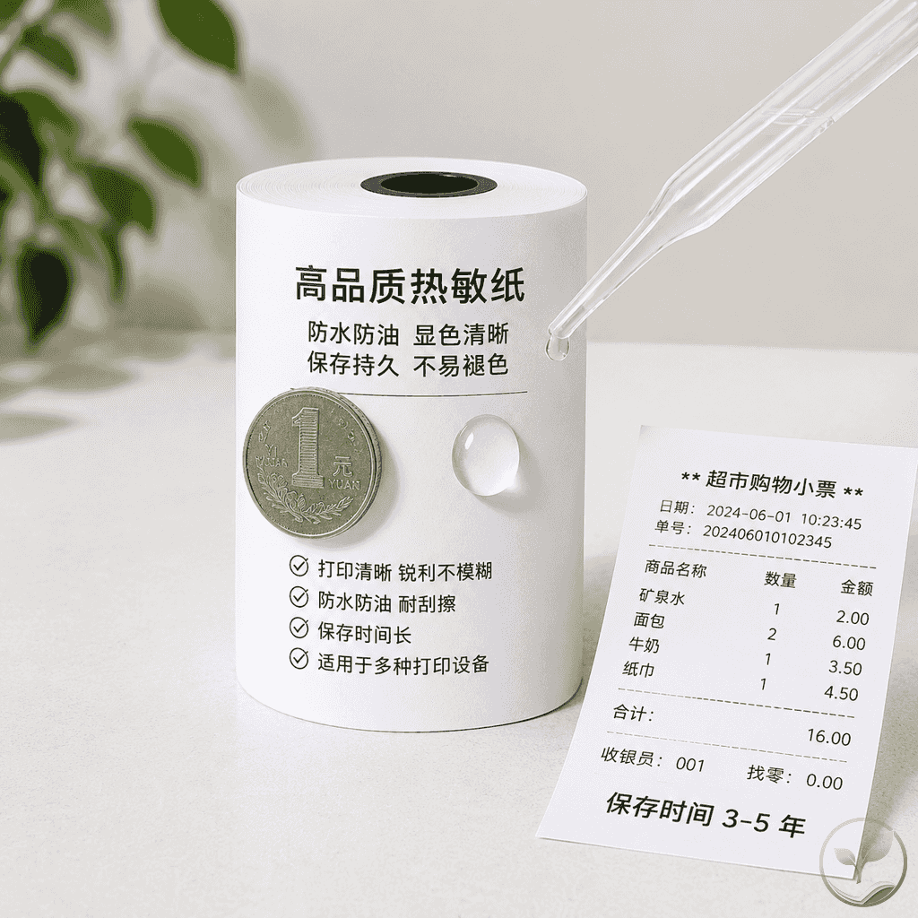 热敏纸选购测试场景，桌上有一卷热敏纸、一个滴管、一枚硬币、一张打印小票，展示显色测试与防水测试结果