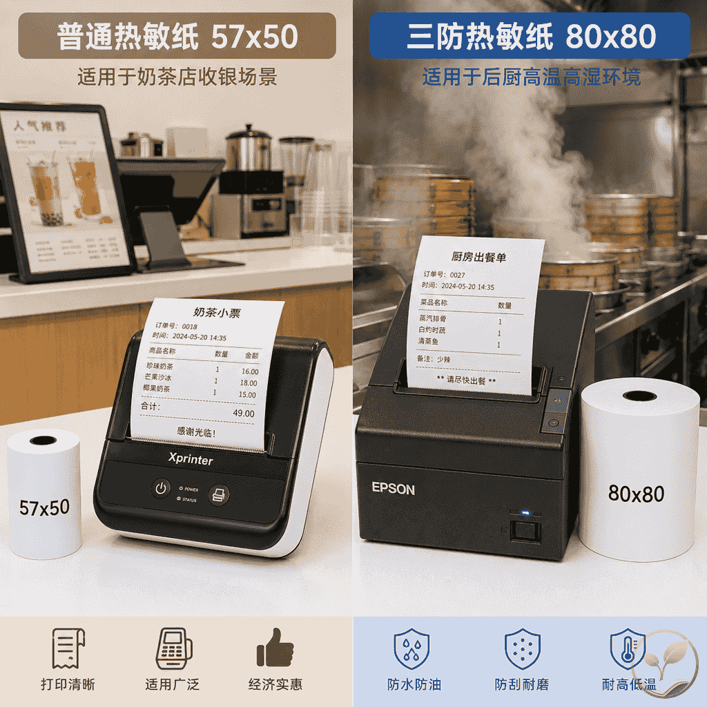 两种使用场景对比，左侧是便利店收银台使用普通热敏纸打印小票，右侧是餐饮后厨使用三防热敏纸打印订单，打印机和纸卷清晰可见