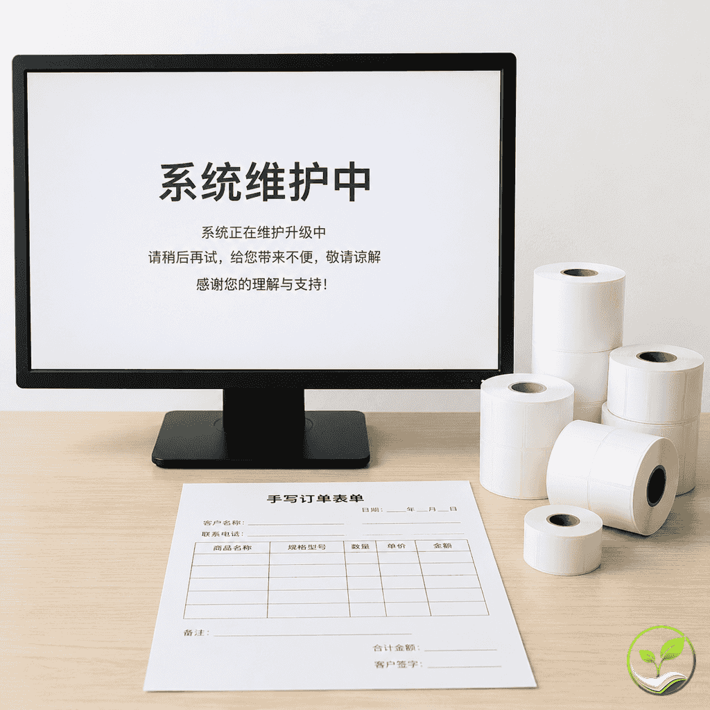 电脑显示器屏幕上显示“系统维护中”提示,旁边放有热敏纸卷和未处理的订单表格,场景为办公室桌面