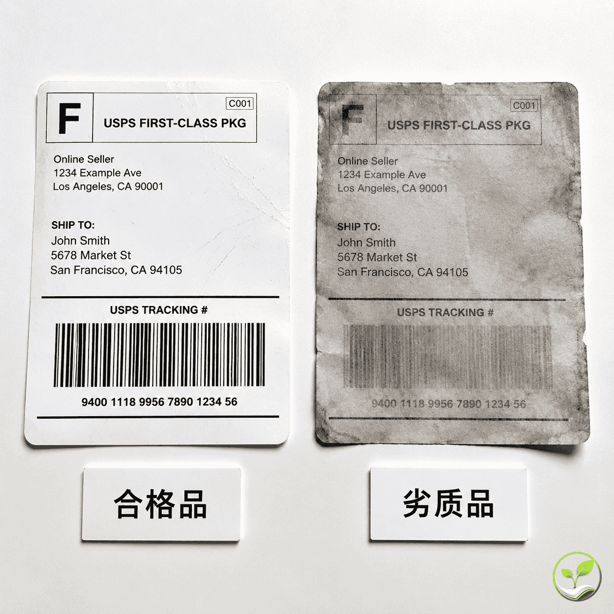 两张热敏纸面单对比:一张经过摩擦和高温测试后字迹依然清晰,另一张出现底色变黑或条码模糊,展示热敏纸的实际耐用性