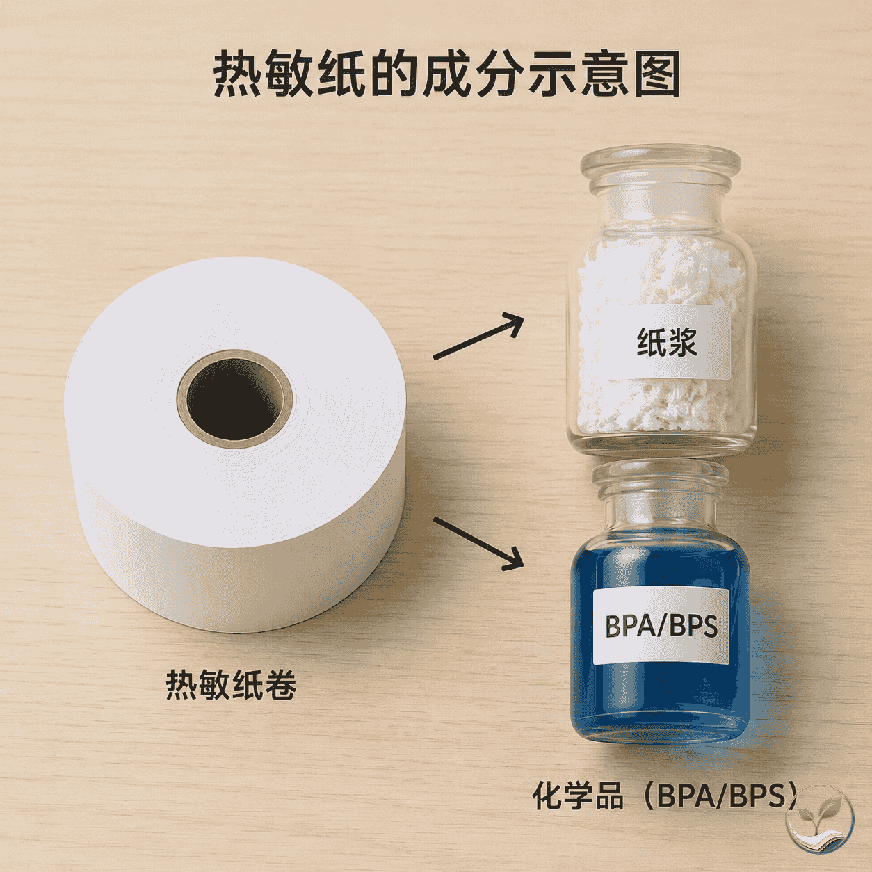 一卷热敏纸旁边放有纸浆样本瓶和化学品小瓶，箭头指示成本构成，浅色桌面，体现原料关系