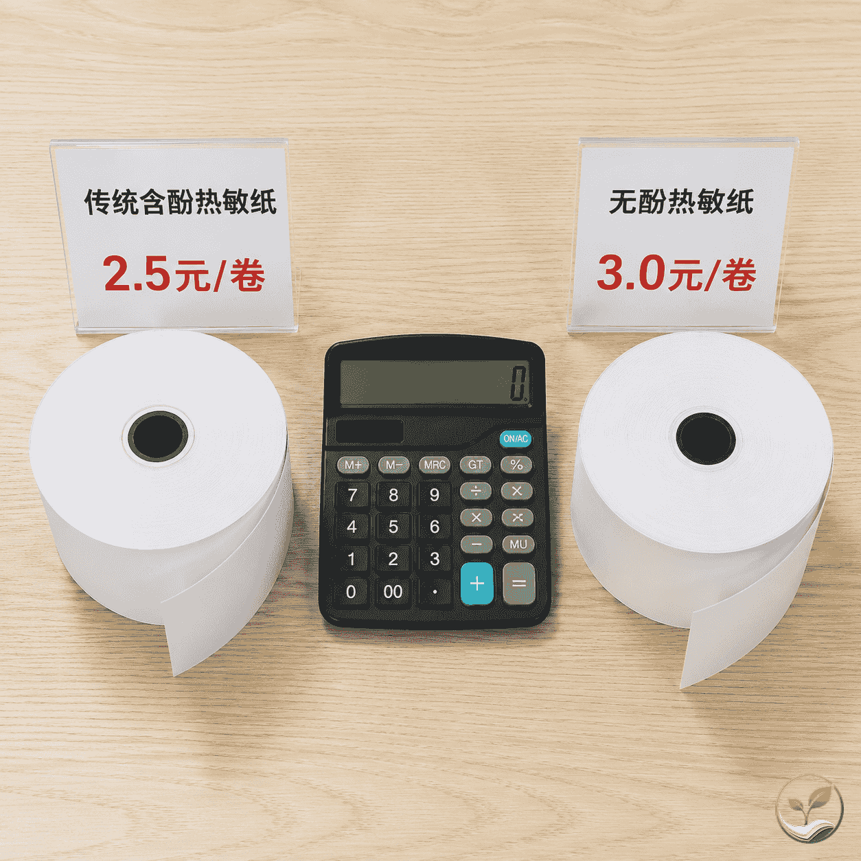 两张热敏纸卷并排放置,旁边有一个计算器和两个价格标签,分别显示2.5元和3.0元,体现成本对比