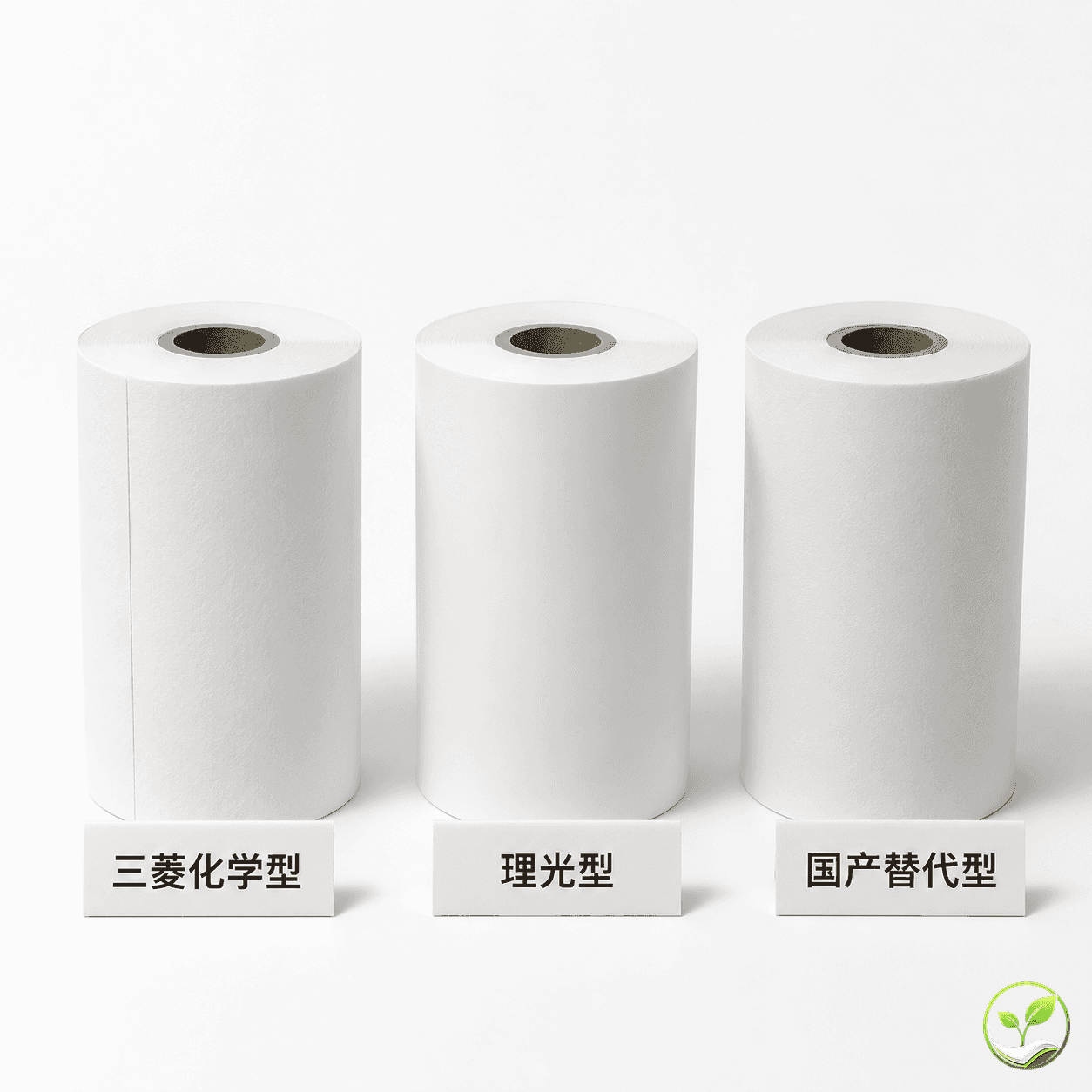 三卷不同技术路线的热敏纸卷并排展示，每卷前有标签注明三菱化学型、理光型、国产替代型，体现技术对比